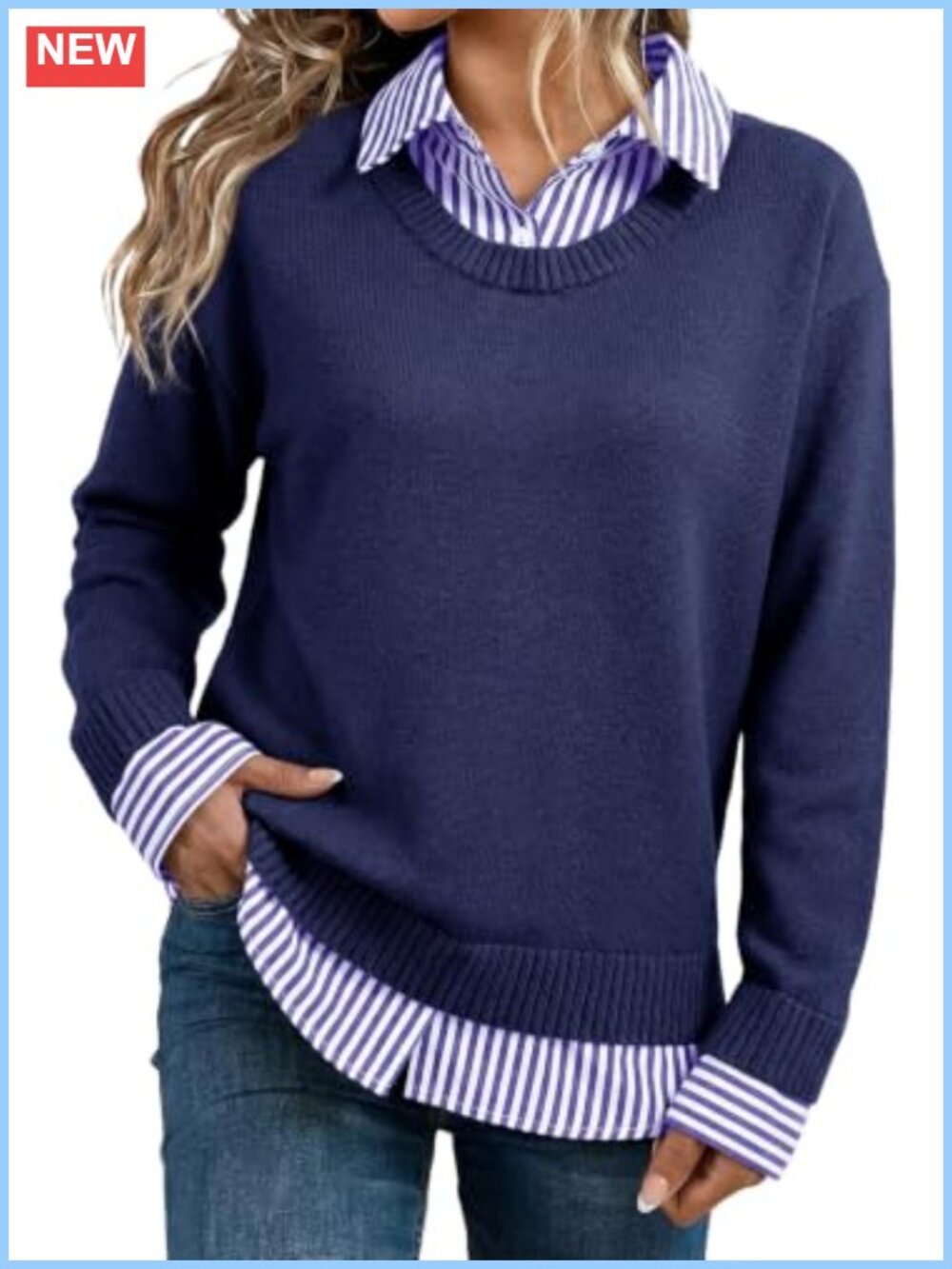Women's Knit Sweater Polo Neck Pullover Long Sleeve Button 2-in-1 Design